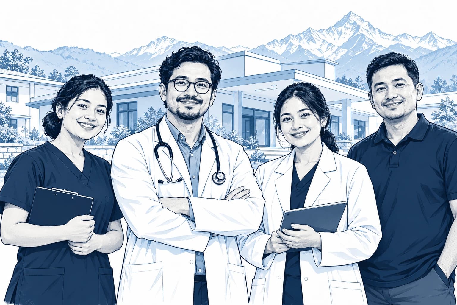 नेपालको अस्पताल अगाडि स्वास्थ्य सेवा टोली