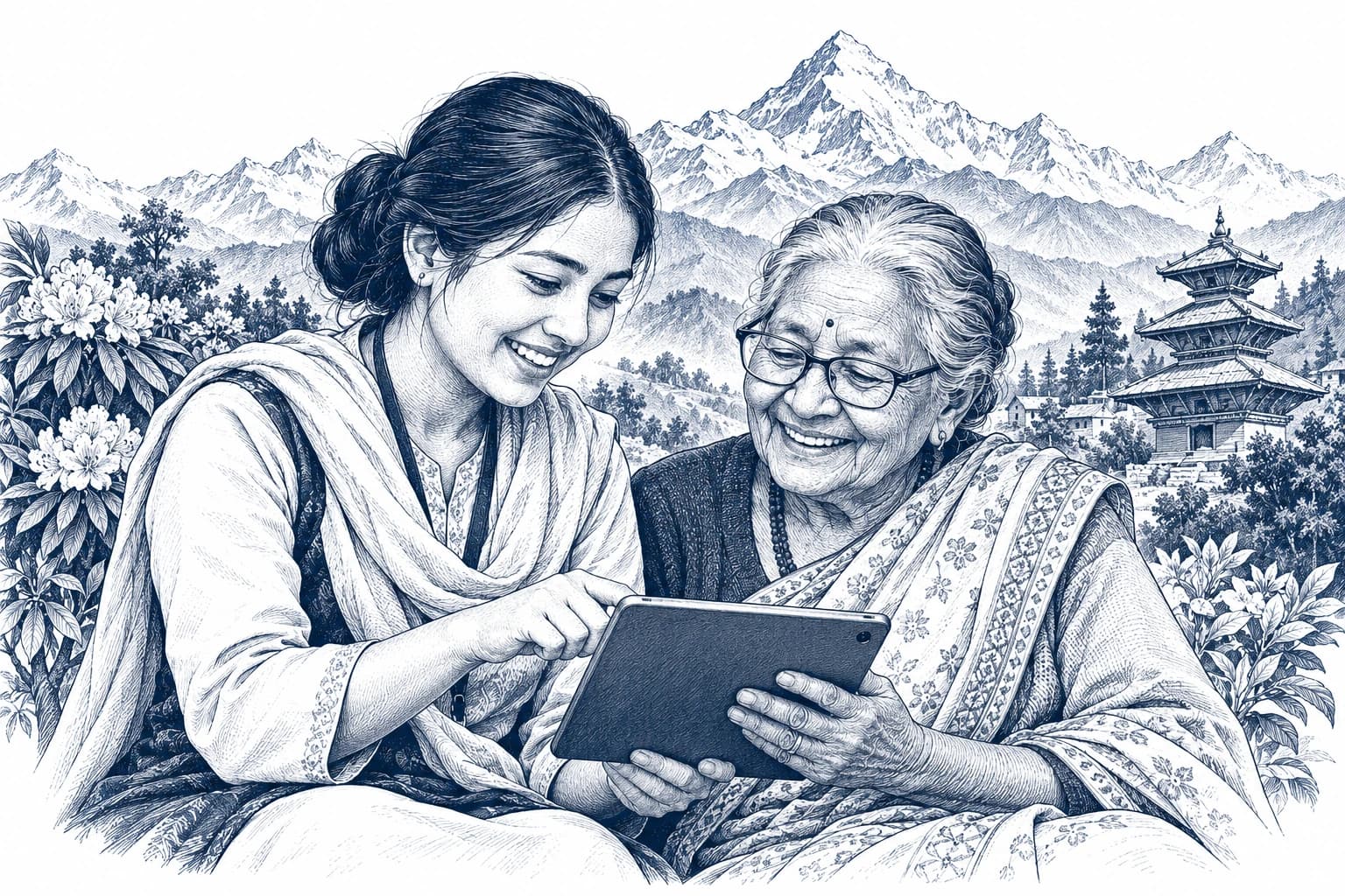 Nepali women exploring health information together on a tablet