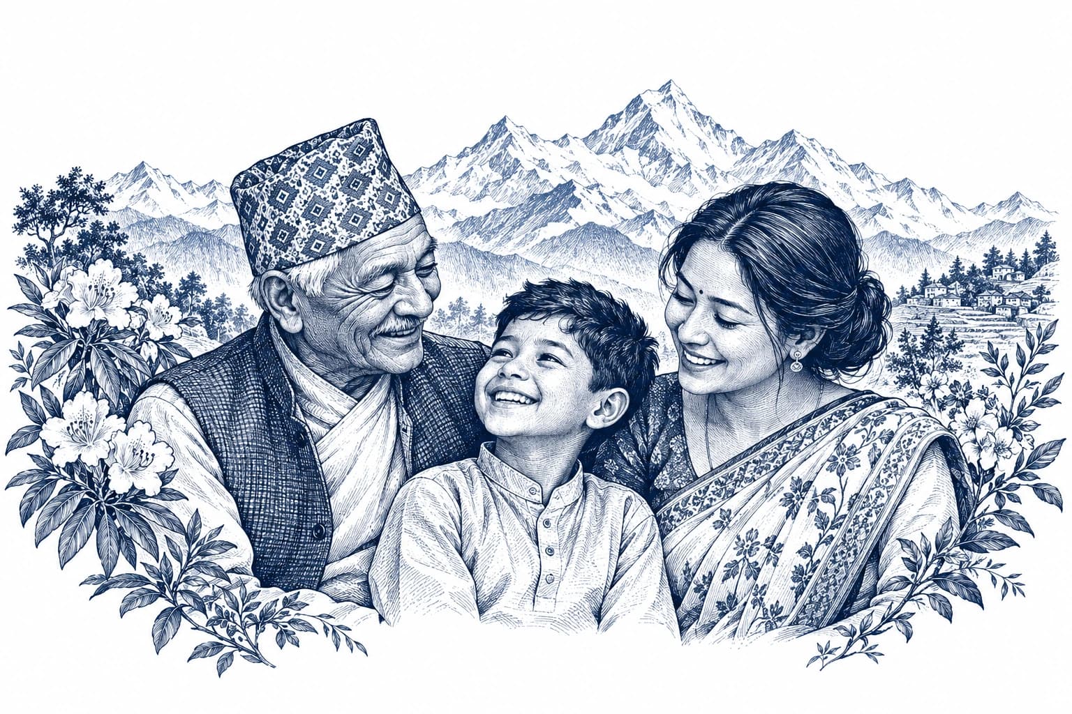 Nepali family care representation with grandfather, mother, and child