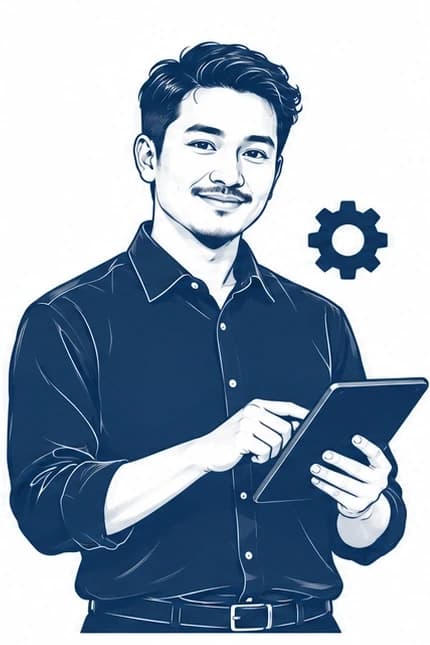 Administrator in dark shirt holding tablet with gear icon