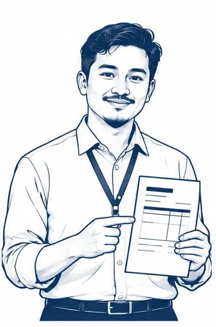 Billing officer with lanyard holding invoice paper
