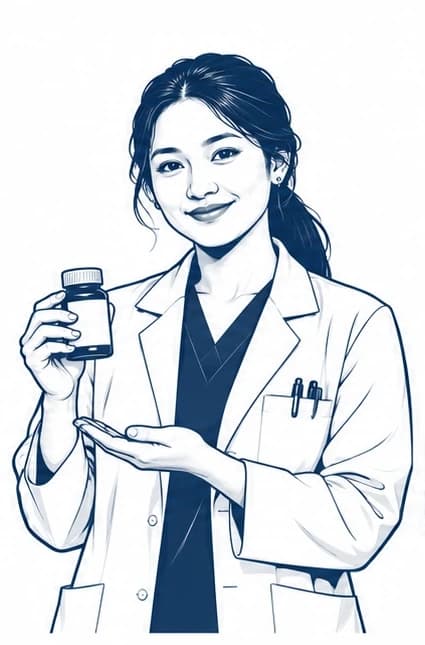 Pharmacist in white coat holding medicine bottle