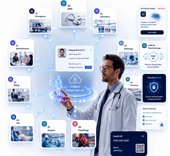 Doctor analyzing unified patient records across departments