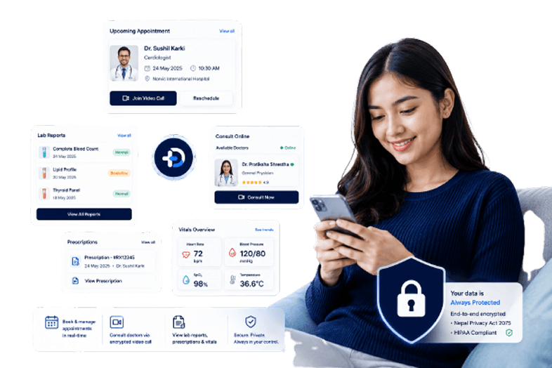 Patient managing health securely on mobile with encrypted data