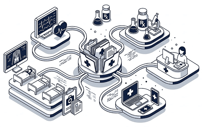 Interconnected hospital departments and patient records
